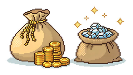 Pixel Treasure and Coin Bag Set on White Background gold bags, diamonds, piles of coins, isolated on white background