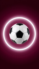 Fototapeta premium Soccer ball in neon circle on dark background 