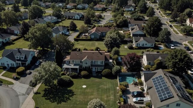 Suburban Neighborhood Aerial Houses, Lawns, American Dream