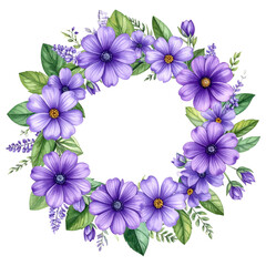 Purple flowers and green leaves arranged in a circular wreath against a black background