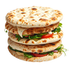 Stacked sandwich with flatbread, vegetables, cheese, and sauce filling