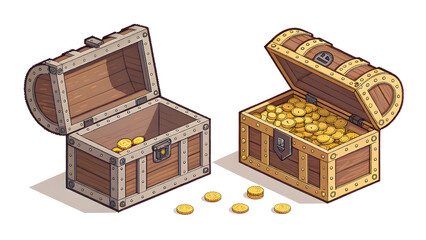 Pixel Treasure Chest Set on White Background open and closed chests, gold coins inside, clean shading, flat pixel art