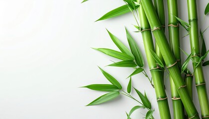 Lush green bamboo stalks and leaves create a vibrant visual, contrasting against a clean, white backdrop, establishing a sense of freshness and natural beauty suitable for various design applications.