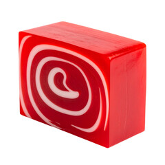 A vibrant, rectangular, hard candy with a red and white swirl pattern on one face