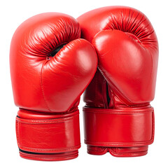 Two vibrant red boxing gloves, one resting upon the other, isolated on a transparent background