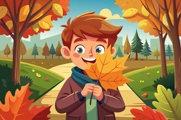 vector of Smiling boy covering one side of his face with maple leaf in autumn park