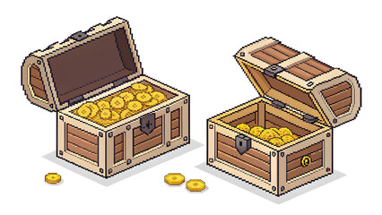 Pixel Treasure Chest Set on White Background open and closed chests, gold coins inside, clean shading, flat pixel art