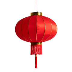 A vibrant, isolated red lantern with gold trim and a tassel, suspended against black
