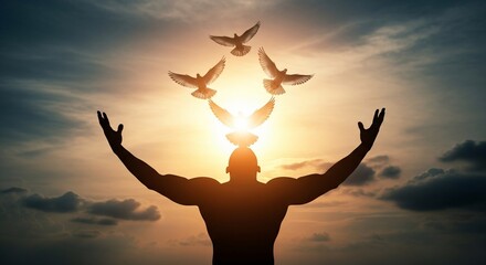 Man with arms raised to a bright sky releases four doves symbolizing freedom, hope, and new beginnings at sunrise or sunset