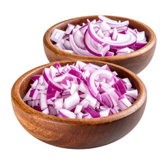 Two wooden bowls overflowing with diced and sliced vibrant red onions, isolated on black