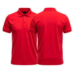 Two views of a vibrant red polo shirt, front and back, on a black background