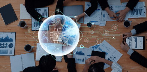 A diverse team collaborates in a modern office, analyzing data and integrating technology, surrounded by charts and digital graphics. Perfect for business themes. Trope