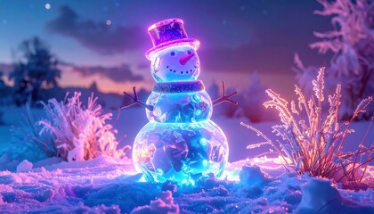 Illuminated snowman with a purple hat and scarf stands in a snowy field during dusk, surrounded by glowing, snow-covered vegetation, creating a whimsical and vibrant winter scene illuminated with...