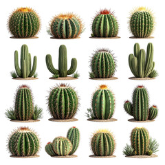 A collage of various cacti species on black, showcasing their different shapes and colors