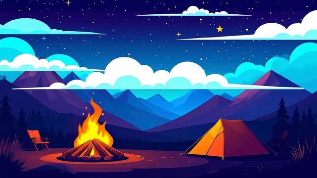 Nighttime camping scene with campfire and tent under starry sky