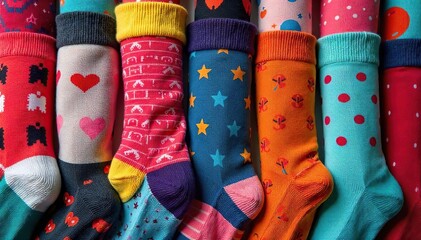 Playful Mismatched Socks A Whimsical Arrangement for Quirky Home Decor Blogs and Oddity-Themed Projects.  Bright, Colorful, and Unexpectedly Fun Sock Pattern.