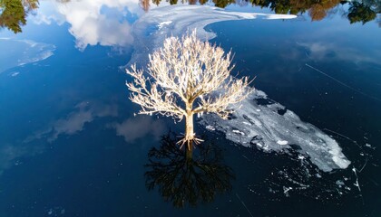 Bare tree reflected in calm water on a sunny day, creating symmetry as clouds and trees mirror in the water's dark, blue surface. The image captures a serene, natural scene with a touch of winter.
