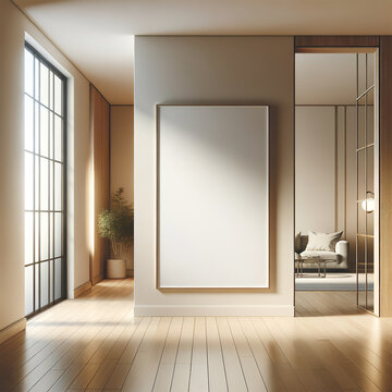 Mockup de quadro vertical formato ISO A4 em corredor de casa moderna, visto da sala de estar, com parede lateral de vidro transparente e piso de madeira clara, ambiente iluminado e contempor&acirc;neo.
