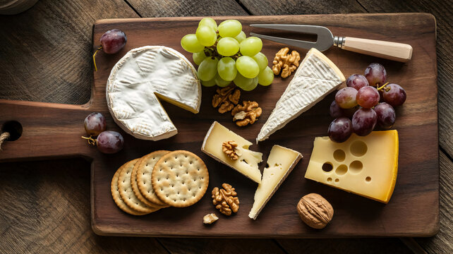 Luxury cheese board with grapes, biscuits and walnuts snack arranged on a wooden platter