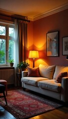 Fototapeta premium Cozy Living Room with Soft Ambient Lighting, Perfect for Relaxation and Comfort
