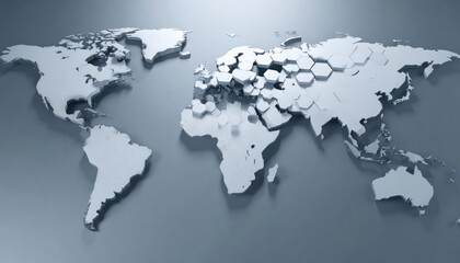 Detailed 3D rendered depiction showcases a stylized, segmented world map, featuring hexagonal tiles over several regions and continents, set against a smooth, gradient background.