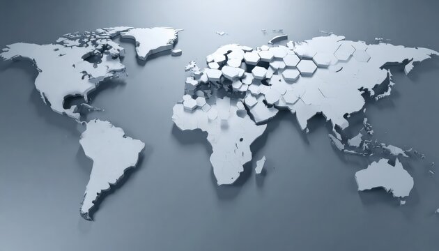 Detailed 3D rendered depiction showcases a stylized, segmented world map, featuring hexagonal tiles over several regions and continents, set against a smooth, gradient background.