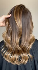 Fototapeta premium Golden Hair: A detailed look at stunning, flowing hair, highlighting a rich mix of golden hues and perfect waves, ideal for beauty and hairstyle concepts.