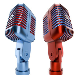 Red and Blue Classic Vintage Microphone Set on a Transparent Background. Transparent PNG.