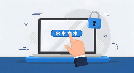 Hand enters password on laptop with padlock representing security and data protection for online safety and secure access to information