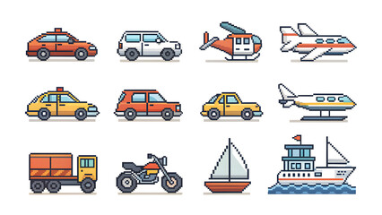 Naklejka premium Pixel Vehicle Icon Set on White Background simple cars, planes, boats, motorcycles, clean outlines, 2D flat design