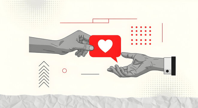 Hands exchanging a heart icon in a modern graphic design representing love sharing and connection in a stylized digital illustration