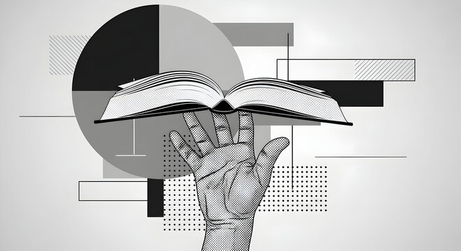Open book balanced on a hand with geometric shapes in a modern black and white design for education and creative projects use