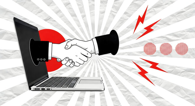 Online business deal illustration featuring a handshake emerging from a laptop screen with abstract red accents and a sunburst background