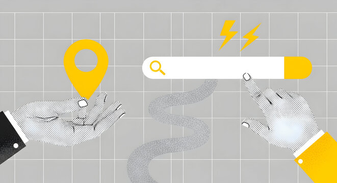 Conceptual illustration showcasing location search with hands interacting with a search bar and map pin on a gridded background