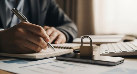 Professional diligently reviewing data with a secure padlock on smartphone symbolizing data privacy and business protection