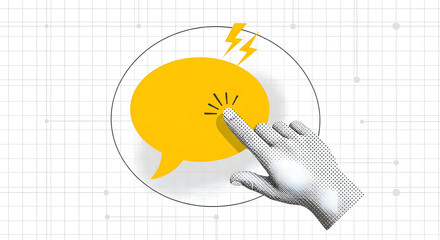 Hand interacting with a yellow speech bubble on a grid background representing communication and digital interaction for modern technology