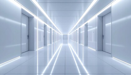 Interior architectural perspective showcasing a modern, minimalist hallway design, featuring a symmetrical composition with repeating doors, integrated lighting, and a reflective floor, creating a...