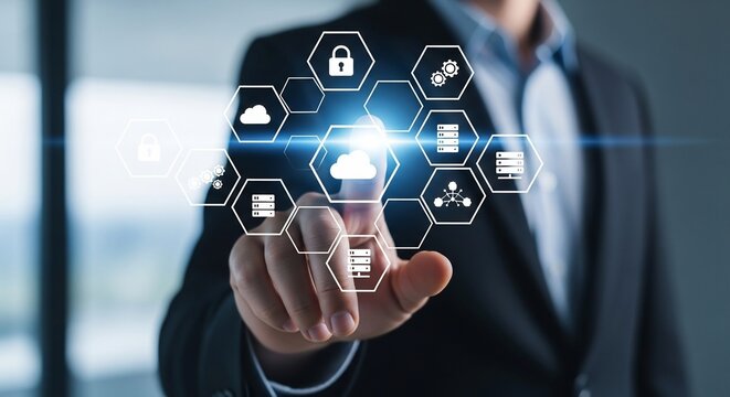 Businessman navigates complex digital network, interacting with cloud technology and security icons for seamless data management and innovation - Powered by Adobe