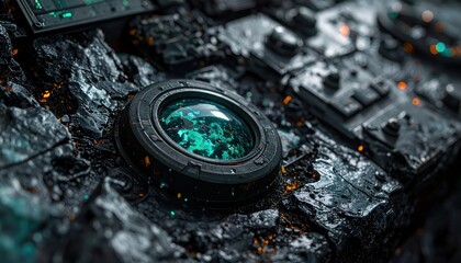Detailed macro shot showcases a futuristic, possibly technological, circular device with a glowing green lens, nestled within a textured, dark surface with hints of orange luminescence, creating an...