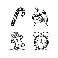 Four simple outline icons of festive christmas and new year symbols isolated on transparent background