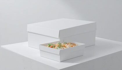 Presented on a white surface, a food box containing fresh food and vegetables sits beside a larger, closed white box; both are set against a minimalist, clean white background, evoking a sense of...