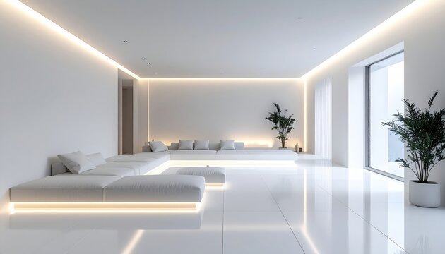Contemporary minimalist living space featuring a large, white, modular sofa illuminated by subtle underlighting, complemented by indoor plants, and a glossy, reflective floor, showcasing a clean,...
