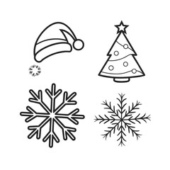 Festive christmas icons santa hat evergreen tree snowflake set line art isolated on transparent background