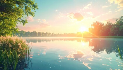 Captivating scenic vista presents a serene landscape featuring a tranquil lake reflecting the radiant sunlight and fluffy clouds above, trees and lush greenery accentuating the natural beauty,...