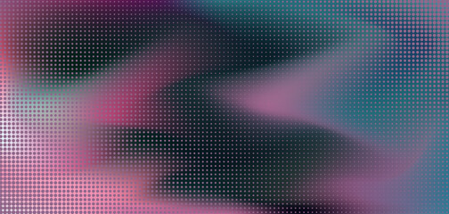 Pink, aquamarine blue and dark indigo green wavy vector soft fuzz mesh gradient background with halftone texture. Smooth aesthetic 3d backdrop with dots pattern for retro futuristic liquid print