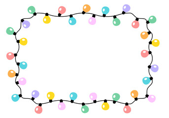 Christmas lights border, light string frame. Colorful Christmas frame with light bulb. Christmas lights decorative garland. Transparent decorative garland. Xmas light border effect. Holiday decor