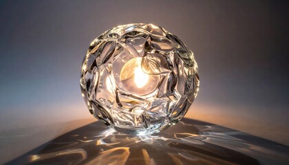 Illuminated spherical object crafted from transparent material, casting shadows on a gradient background; interior light source glows brightly within the textured form, exhibiting intricate...