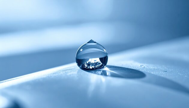 Captivating macro photograph showcases a single, pristine water droplet with remarkable clarity and detail, resting delicately on a reflective surface. - Powered by Adobe