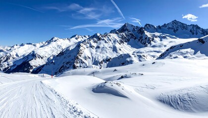 Snowy mountain peaks and ski slopes under a clear sky