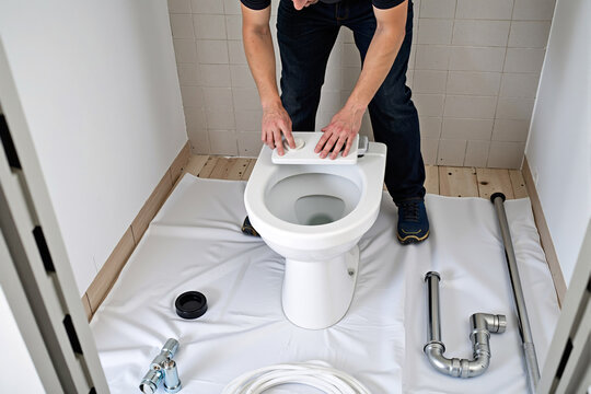 Plumber installing new toilet bowl in bathroom during home renovation or construction project. Man working on plumbing fixtures, representing home improvement, repair, and skilled trade work